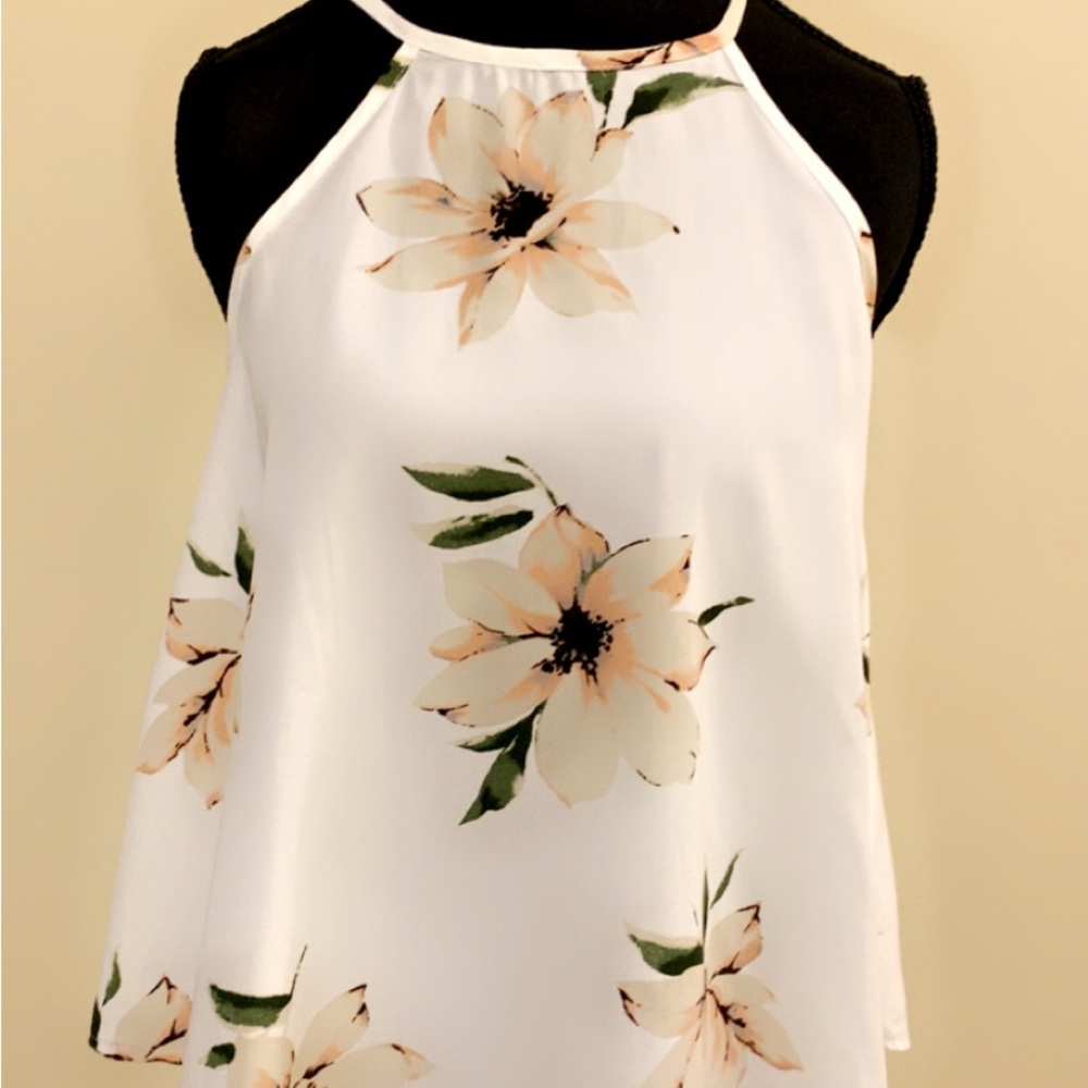 a'gaci peach flower green leaves and Cream Sleeveless Tank Top